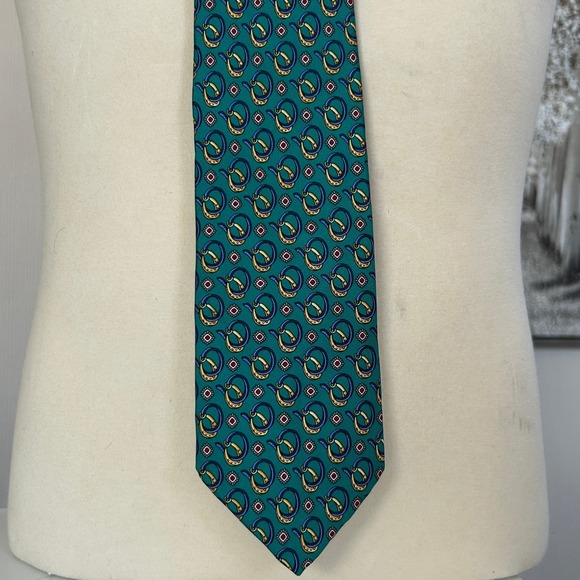 Brooks Brothers Makers Mens Silk Geometric Links Necktie Green Blue - Picture 3 of 4